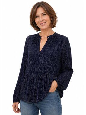 Tommy Hilfiger Navy V-Neck Blouse Pleated Relax Fit Size Small